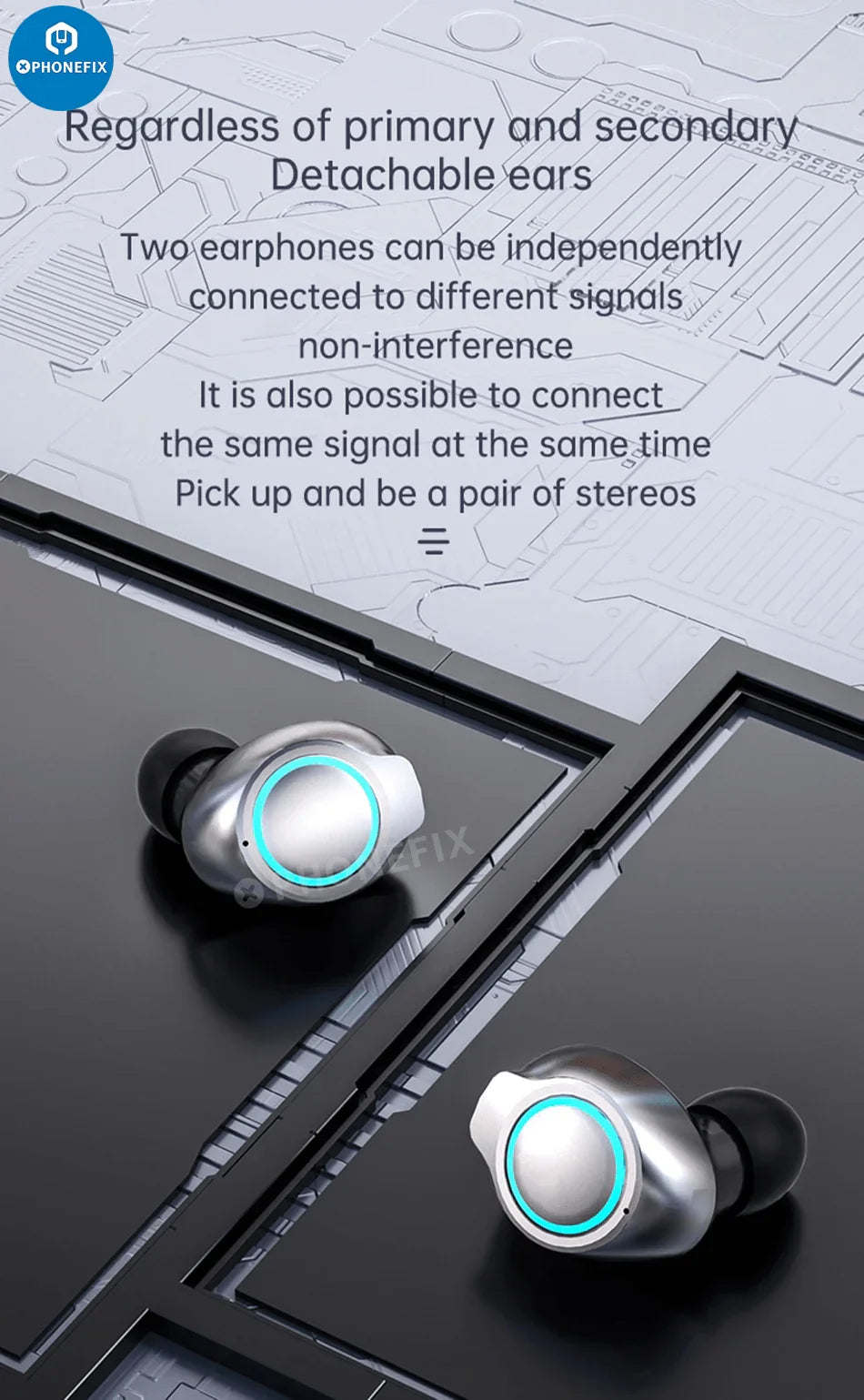 PhoneFix M43 wireless Bluetooth headphones with touch control, in-ear earphones for phones, black design, front view.