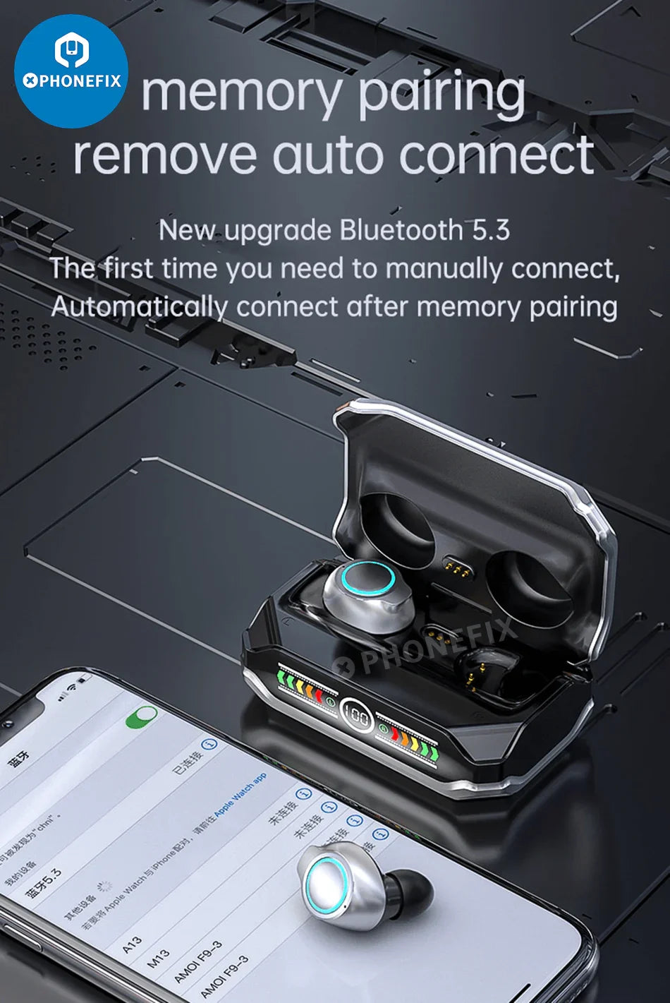 PHONEFIX M43 wireless Bluetooth headphones with touch control, in-ear earphones for phones, sleek design with advanced features