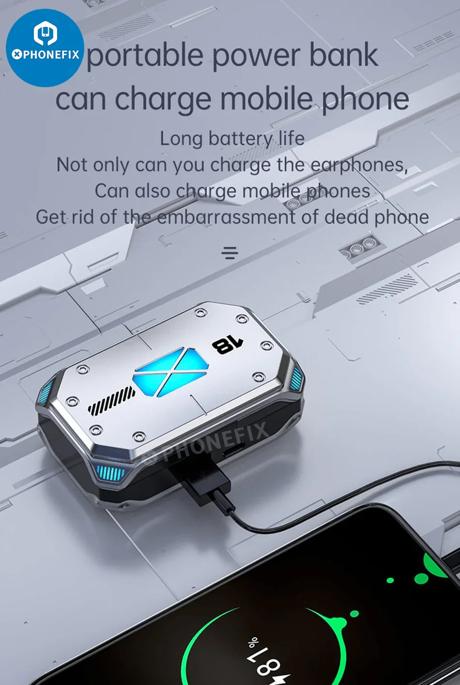 Wireless Bluetooth headphones by PHONEFIX with touch control, designed for phones, featuring sleek earbud design and in-line controls.