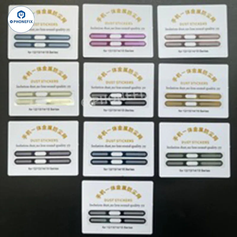 Gold metal speaker dustproof net stickers for iPhone 11 to 16 Pro Max, PHONEFIX brand, shown on phone speaker grills.