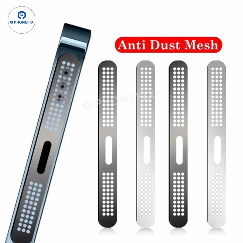 Gold metal speaker dustproof net stickers for iPhone 11 to 16 Pro Max by PHONEFIX, designed to protect speaker openings.