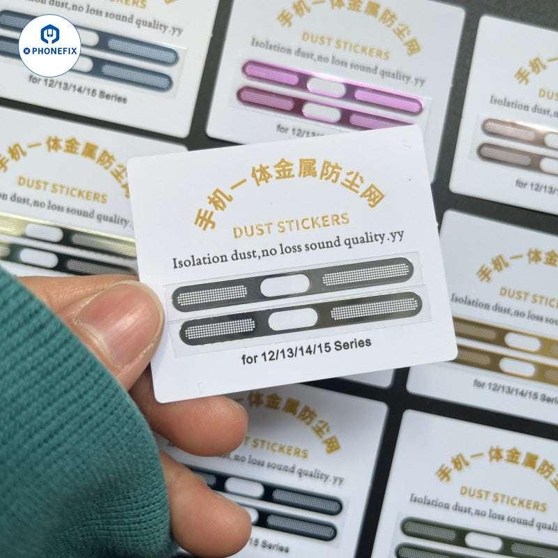Gold metal speaker dustproof net stickers for iPhone 11 to 16 Pro Max, PHONEFIX brand, protect speaker openings from dust.
