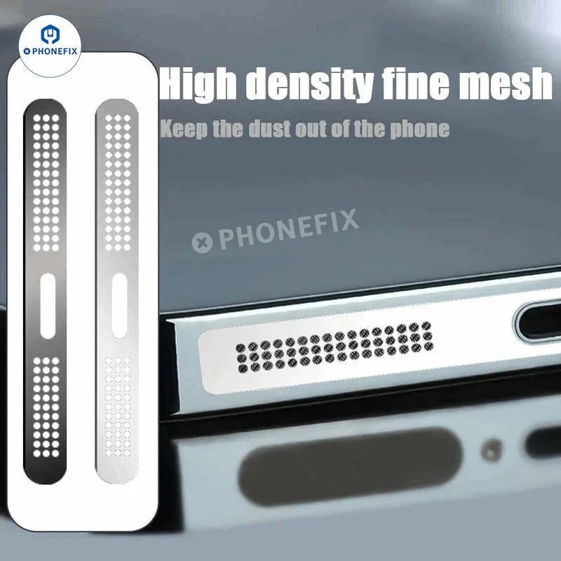 Gold metal speaker dustproof net stickers for iPhone 11 to 16 Pro Max, PHONEFIX brand, designed to protect phone speakers.