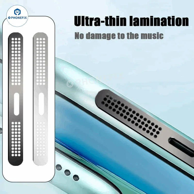 Gold metal speaker dustproof net stickers for iPhone 11 to 16 Pro Max, PHONEFIX brand, designed to protect phone speakers from dust.