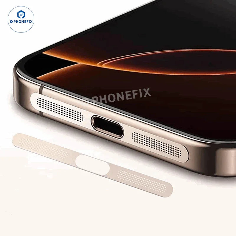 Two gold metal speaker dustproof net stickers for iPhone 11 to 16 Pro Max, designed to protect speaker openings from dust.