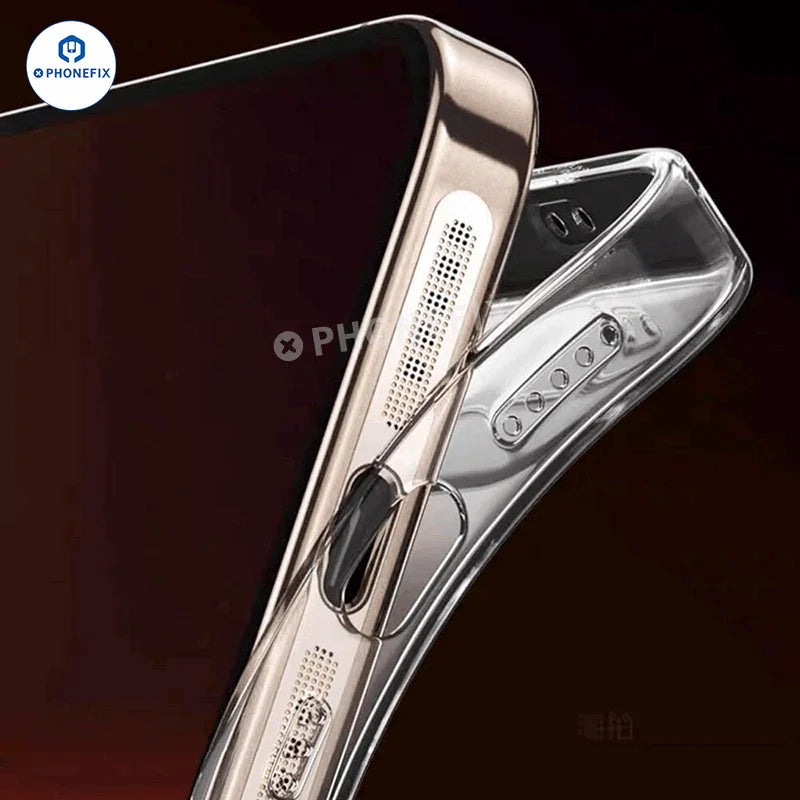 Two gold metal speaker dustproof net stickers for iPhone 11-16 Pro Max, designed by PHONEFIX to protect phone speakers.