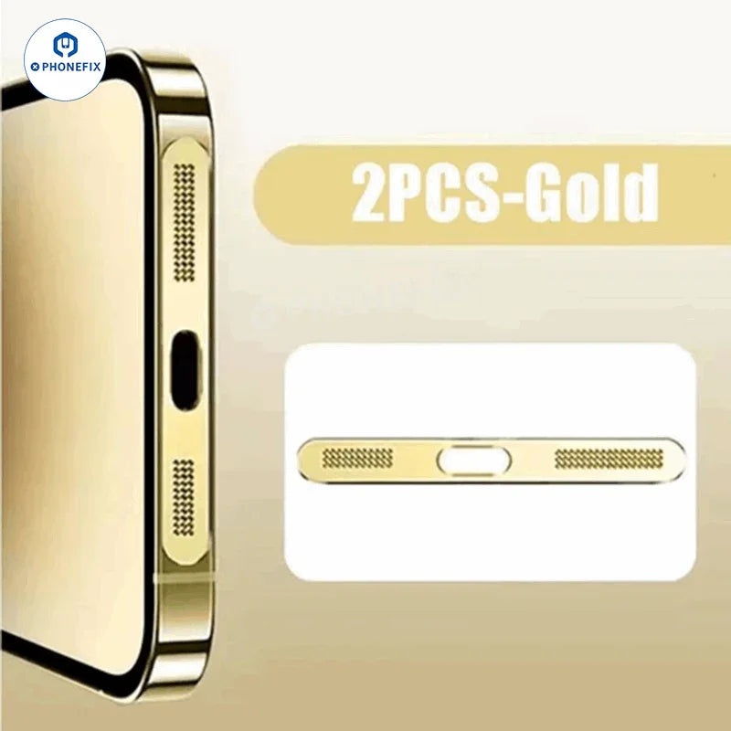Two gold metal speaker dustproof net stickers for iPhone 11 to 16 Pro Max, designed to protect speaker openings from dust.
