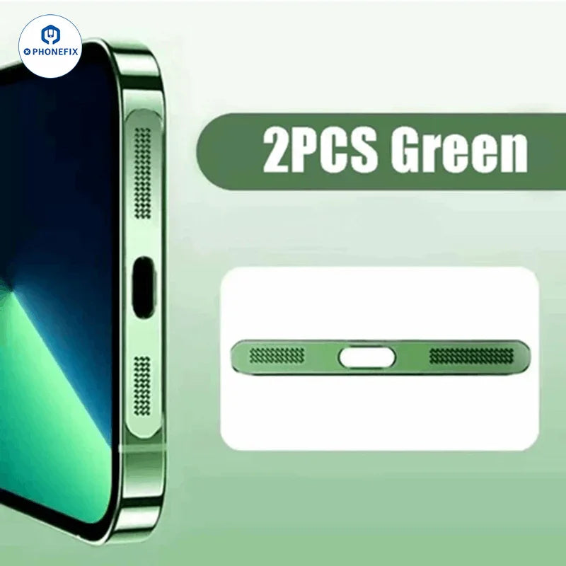 Gold metal speaker dustproof net stickers for iPhone 11 to 16 Pro Max, designed to protect phone speakers from dust and debris.