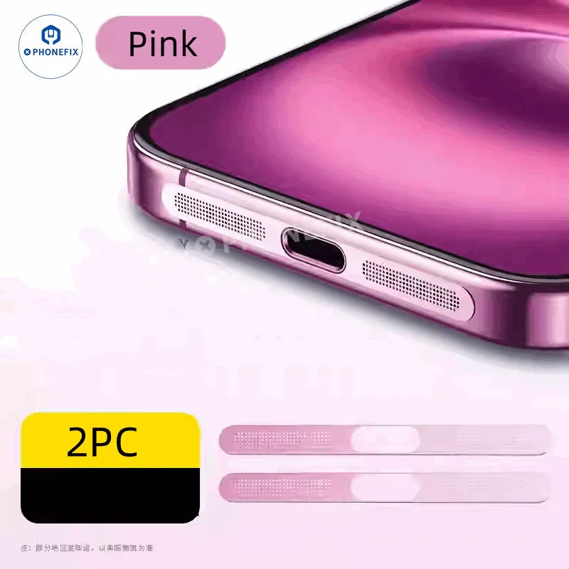 Gold metal speaker dustproof net stickers for iPhone 11 to 16 Pro Max, PHONEFIX brand, designed to protect phone speakers.