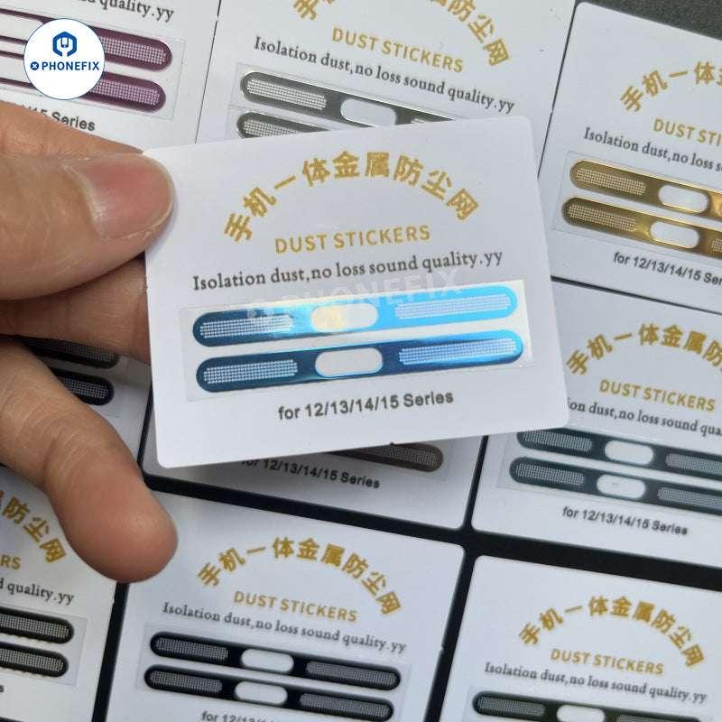 Two gold metal speaker dustproof net stickers for iPhone 11 to 16 Pro Max, designed to protect phone speakers from dust.