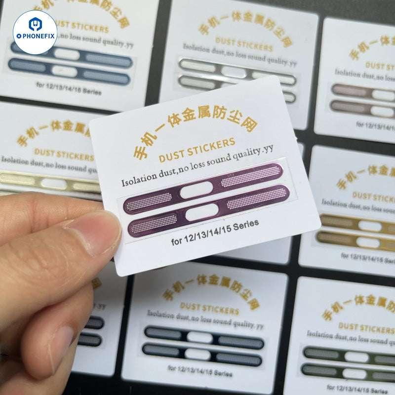 Two gold metal speaker dustproof net stickers for iPhone 11 to 16 Pro Max, designed to protect phone speakers from dust.