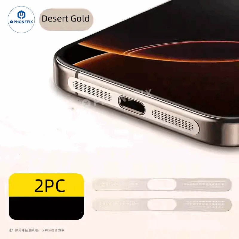 Two gold metal speaker dustproof net stickers for iPhone 11 to 16 Pro Max, designed to protect phone speakers from dust and debris.