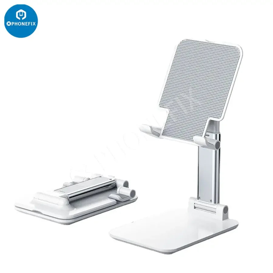 PHONEFIX foldable aluminum alloy tablet and phone holder stand on desktop, adjustable and lightweight for hands-free use.