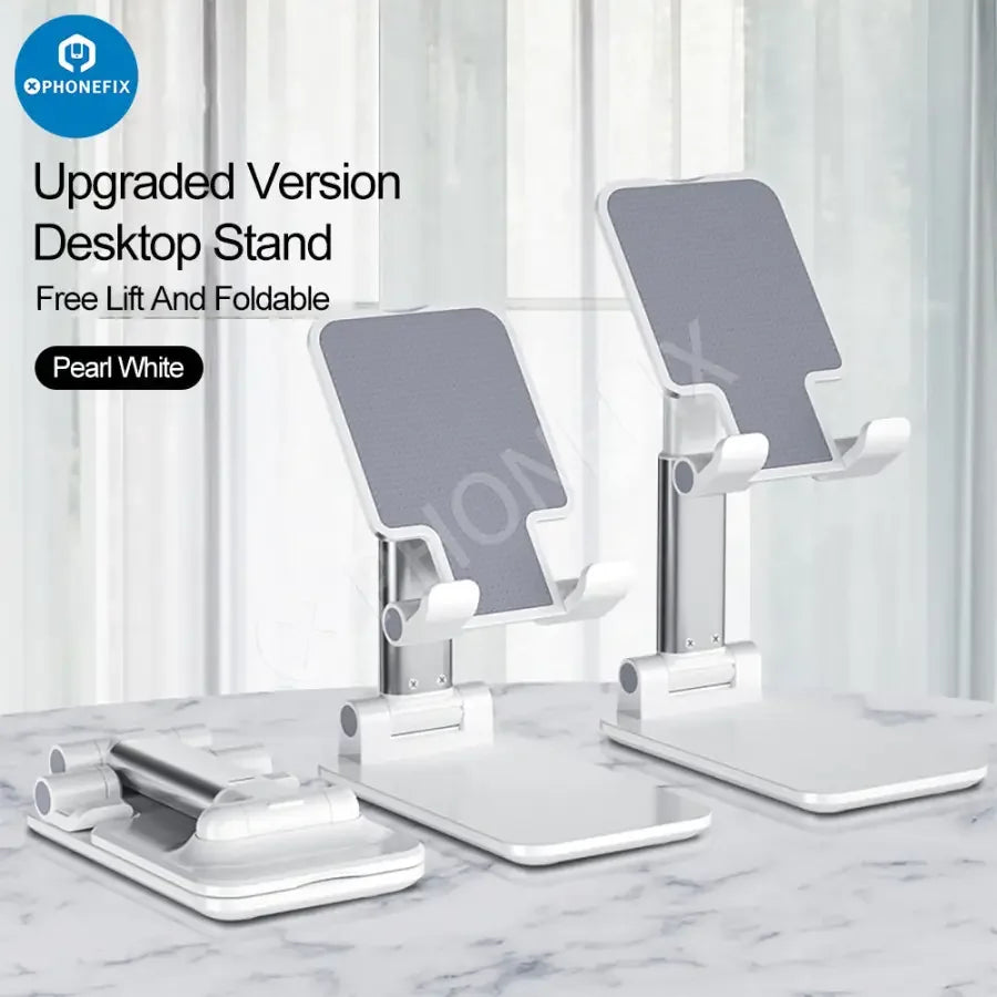 Foldable aluminum alloy phone and tablet stand by PHONEFIX, desktop bracket with adjustable holder for easy device viewing.