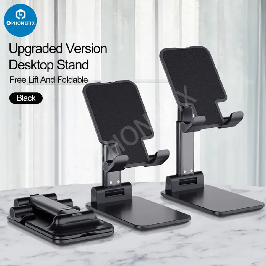 Foldable aluminum alloy phone and tablet holder stand by PHONEFIX, desktop accessory with adjustable support for smartphones and tablets.