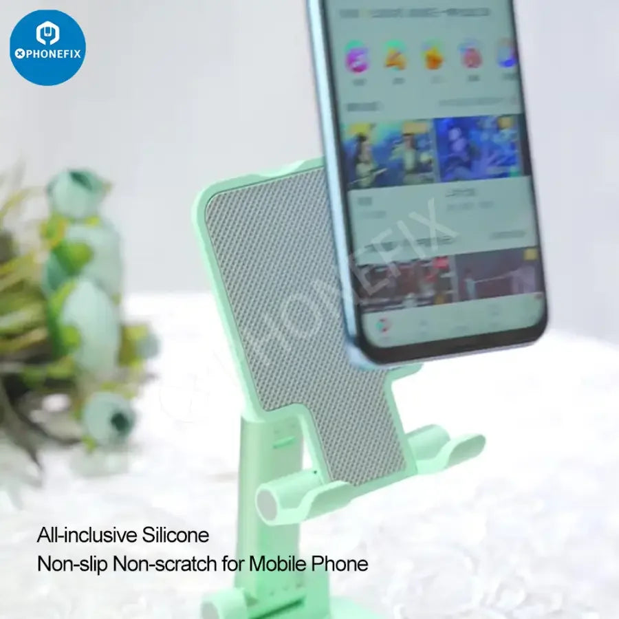 Foldable aluminum alloy phone and tablet holder stand by PHONEFIX, desktop bracket with adjustable support for hands-free use.