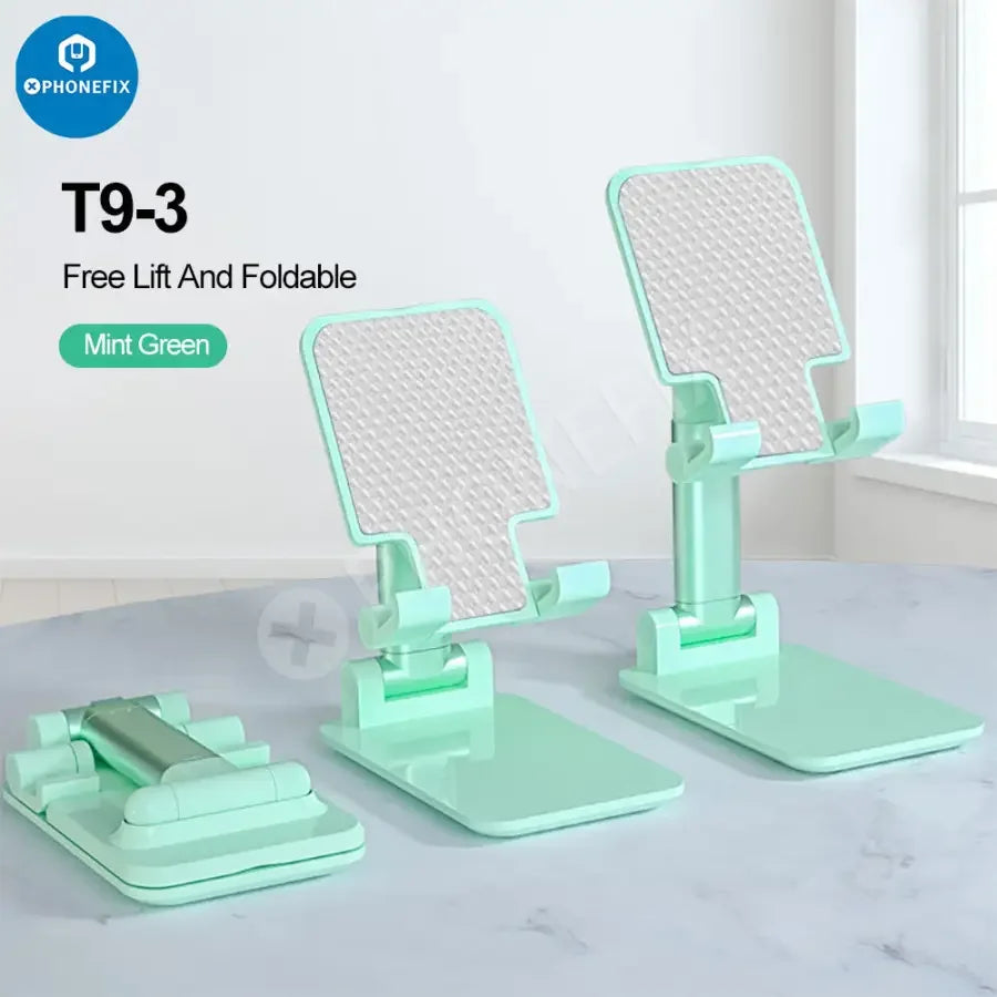 Foldable aluminum alloy phone and tablet stand by PHONEFIX, desktop bracket for hands-free use and easy viewing.
