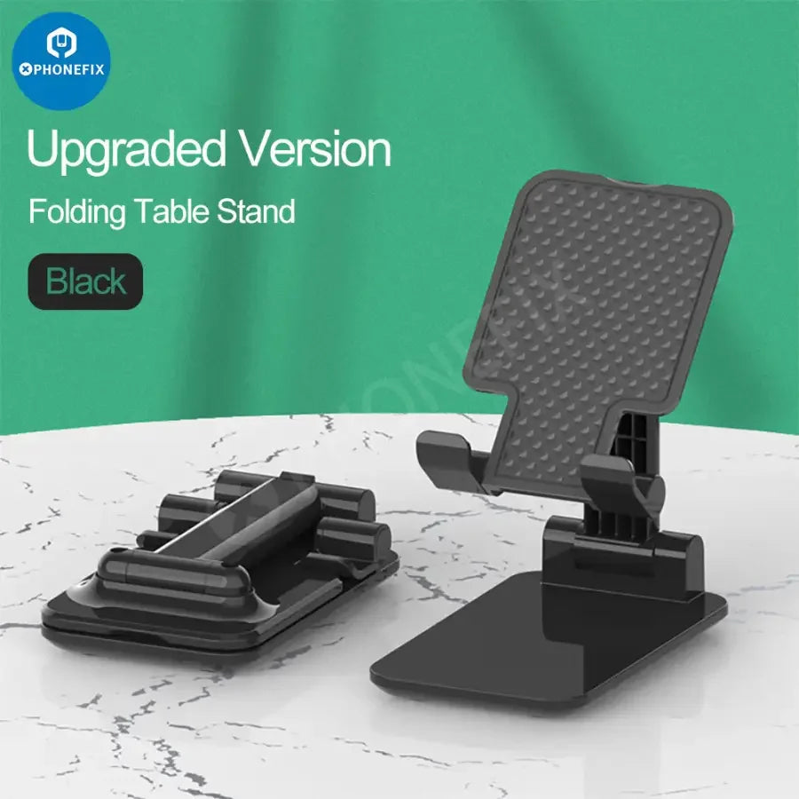 Foldable aluminum alloy phone and tablet holder stand by PHONEFIX, desktop bracket with adjustable viewing angles.