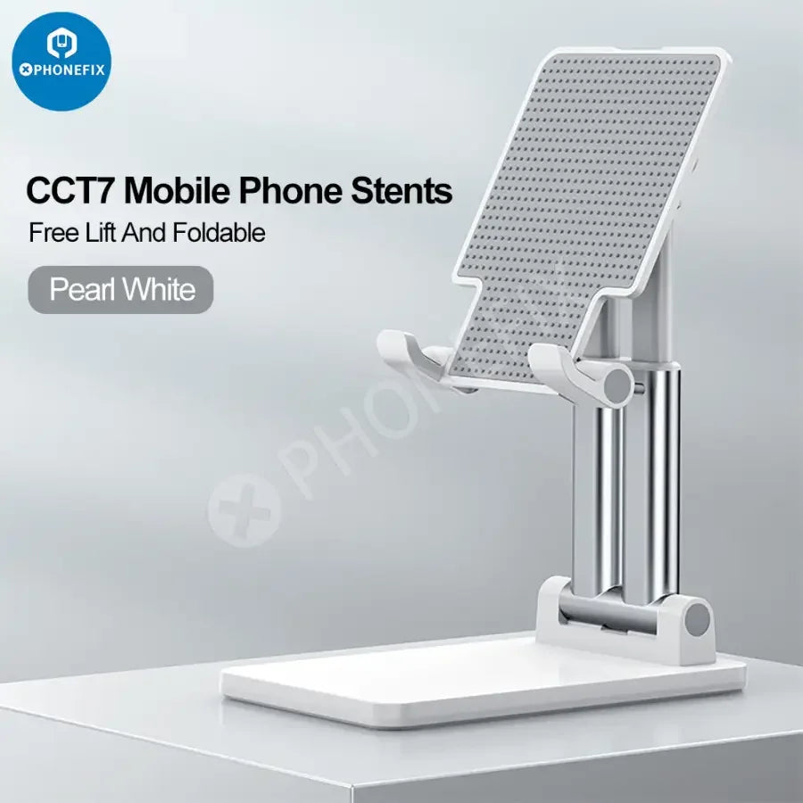Foldable aluminum alloy phone and tablet stand by PHONEFIX, desktop bracket with adjustable angle for hands-free use.