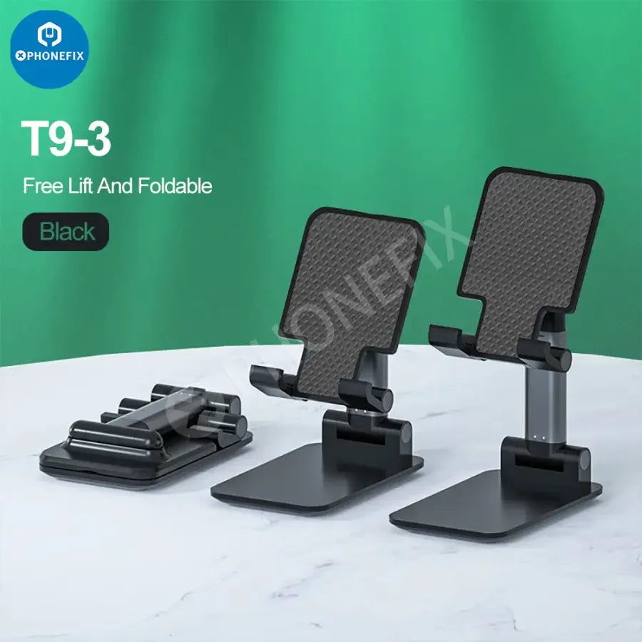 Foldable PHONEFIX aluminum alloy tablet and phone holder stand on a desktop, showcasing adjustable, compact design for easy use.
