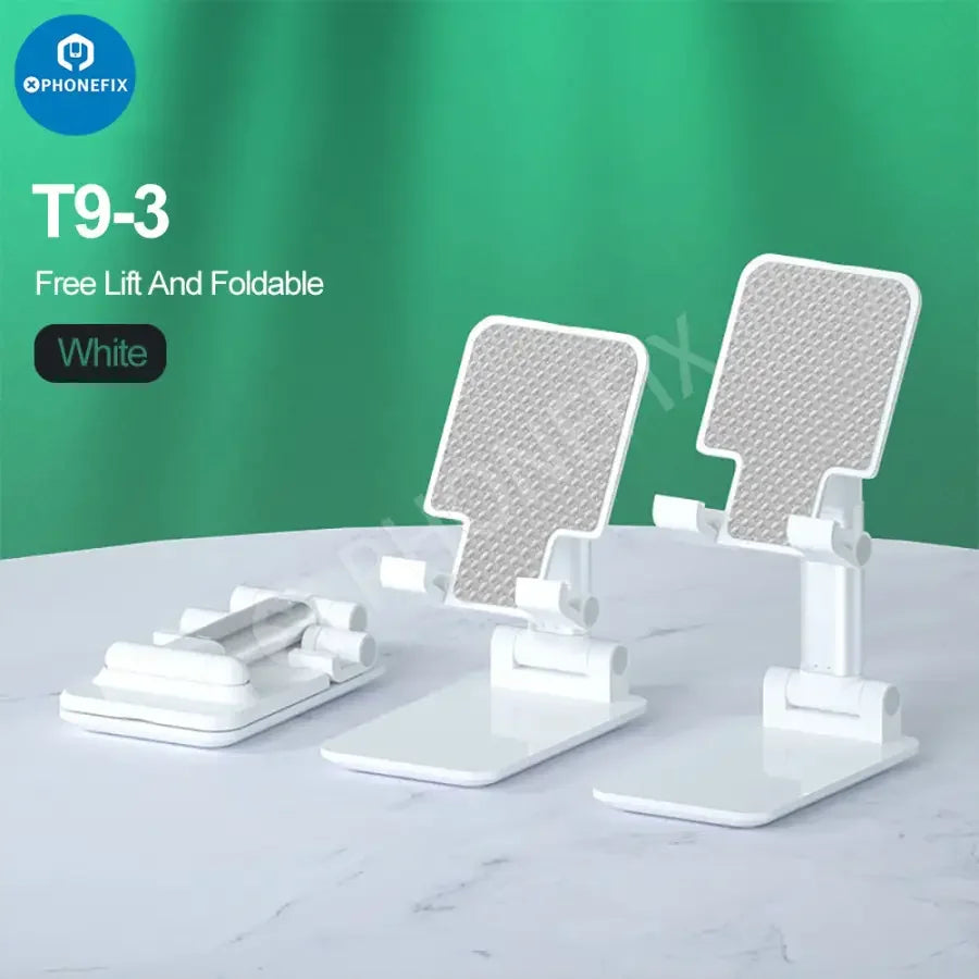 Foldable aluminum alloy tablet and phone holder stand by PHONEFIX, desktop bracket for hands-free viewing, lightweight and adjustable.
