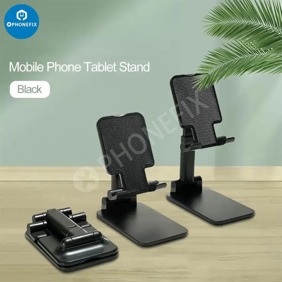 Foldable aluminum alloy phone and tablet holder stand by PHONEFIX, desktop bracket for hands-free viewing and support.