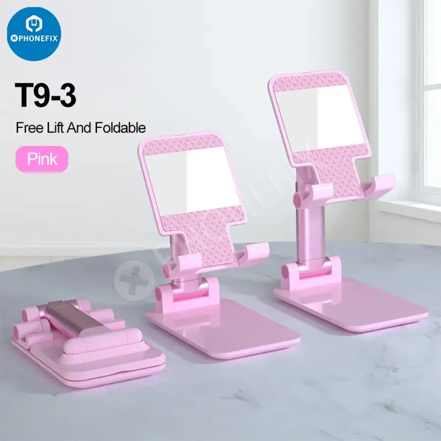Foldable aluminum alloy phone and tablet holder stand with adjustable desktop bracket by PHONEFIX on a surface.