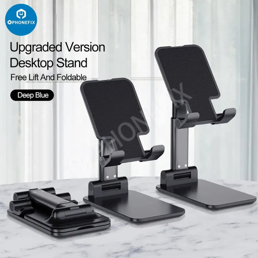 Foldable aluminum alloy tablet and phone holder stand by PHONEFIX, desktop bracket for hands-free viewing and support.