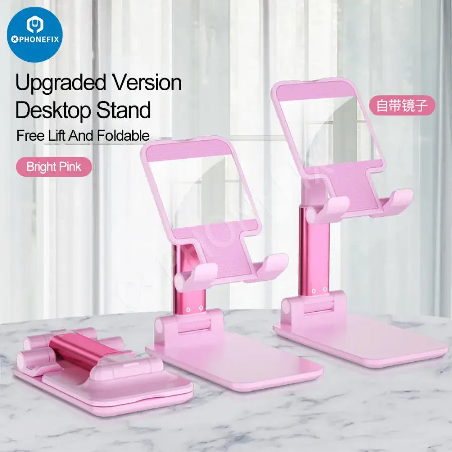 PHONEFIX foldable aluminum alloy tablet and phone holder stand, desktop bracket for hands-free viewing and device support.