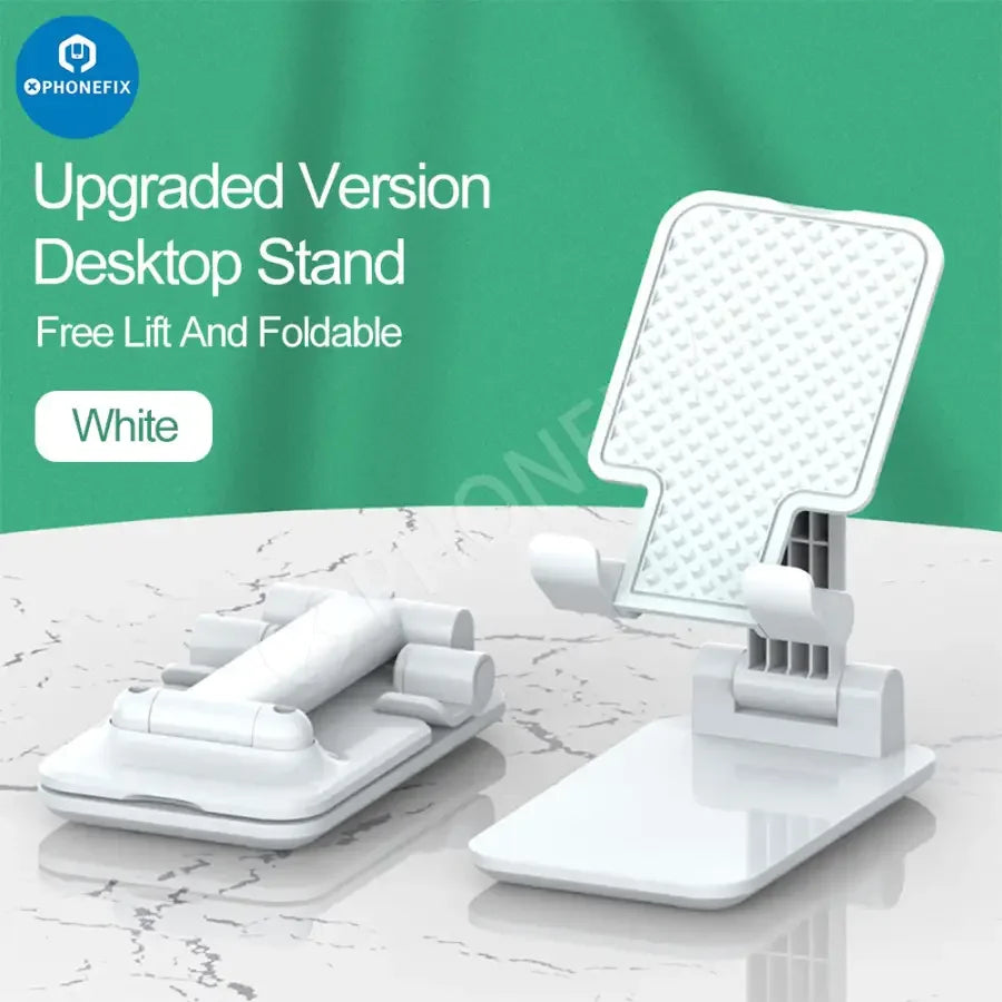 Foldable aluminum alloy phone and tablet holder stand with desktop bracket by PHONEFIX, adjustable for easy viewing.
