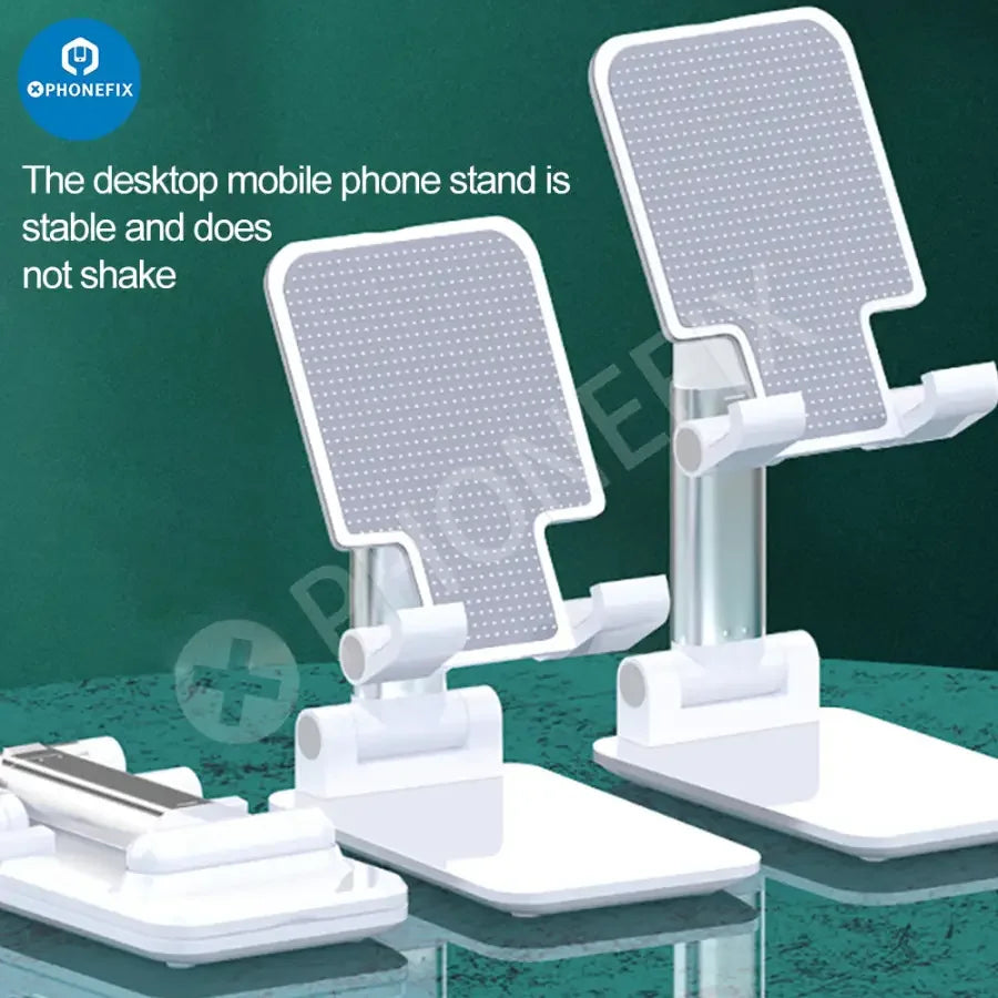 PhoneFIX foldable aluminum alloy tablet and phone holder stand on a desktop, showcasing a compact and adjustable design.