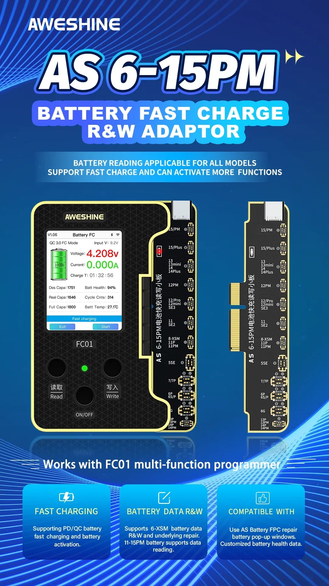 PHONEFIX AWESHINE FC01 mobile phone programmer for iPhone battery repair, showing the device and connection ports.