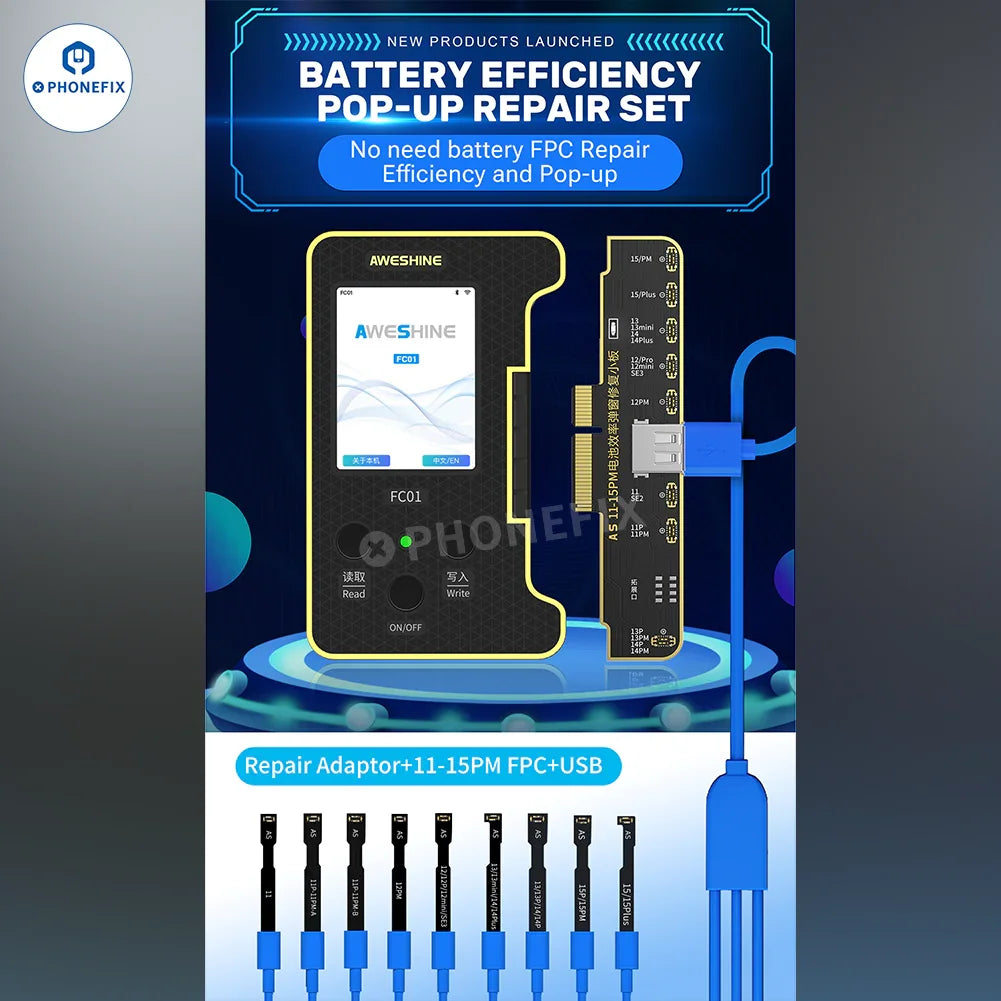 PHONEFIX AWESHINE FC01 mobile phone programmer for iPhone battery, showing device connected with battery read and write adaptor.