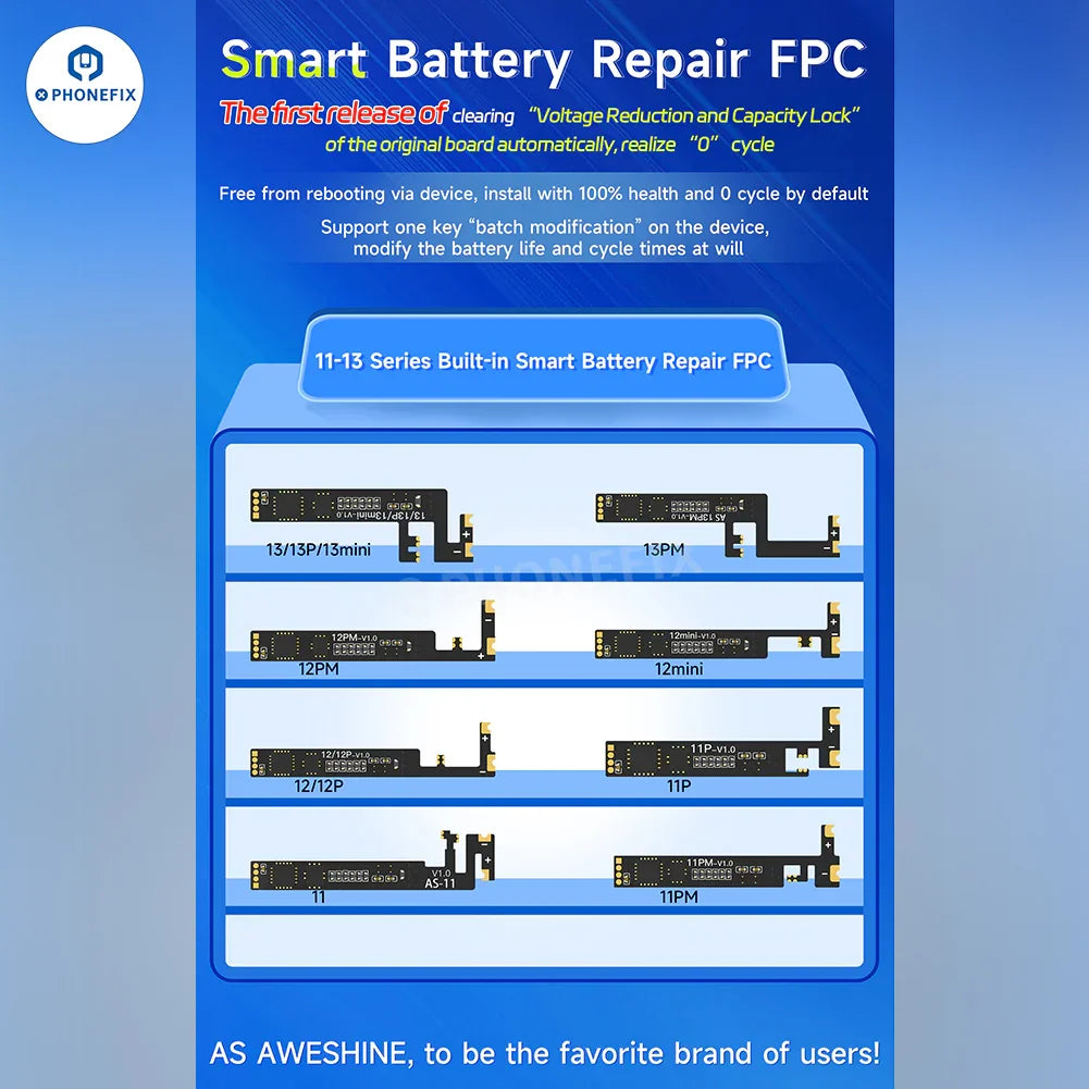 PhoneFIX AWESHINE FC01 mobile phone programmer for iPhone battery, showing battery read and write adaptor on a phone.