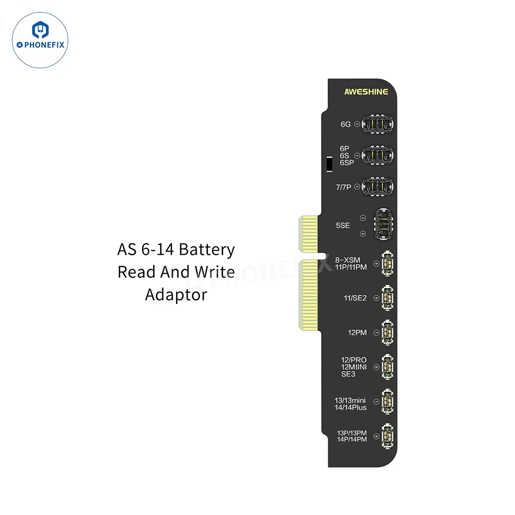 PHONEFIX AWESHINE FC01 mobile phone programmer for iPhone battery, showing battery read/write adaptor and device interface.