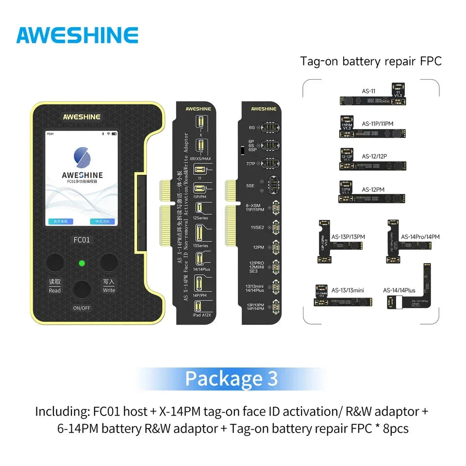 PhoneFIX AWESHINE FC01 mobile phone programmer for iPhone batteries, displayed with the device and programming interface visible.