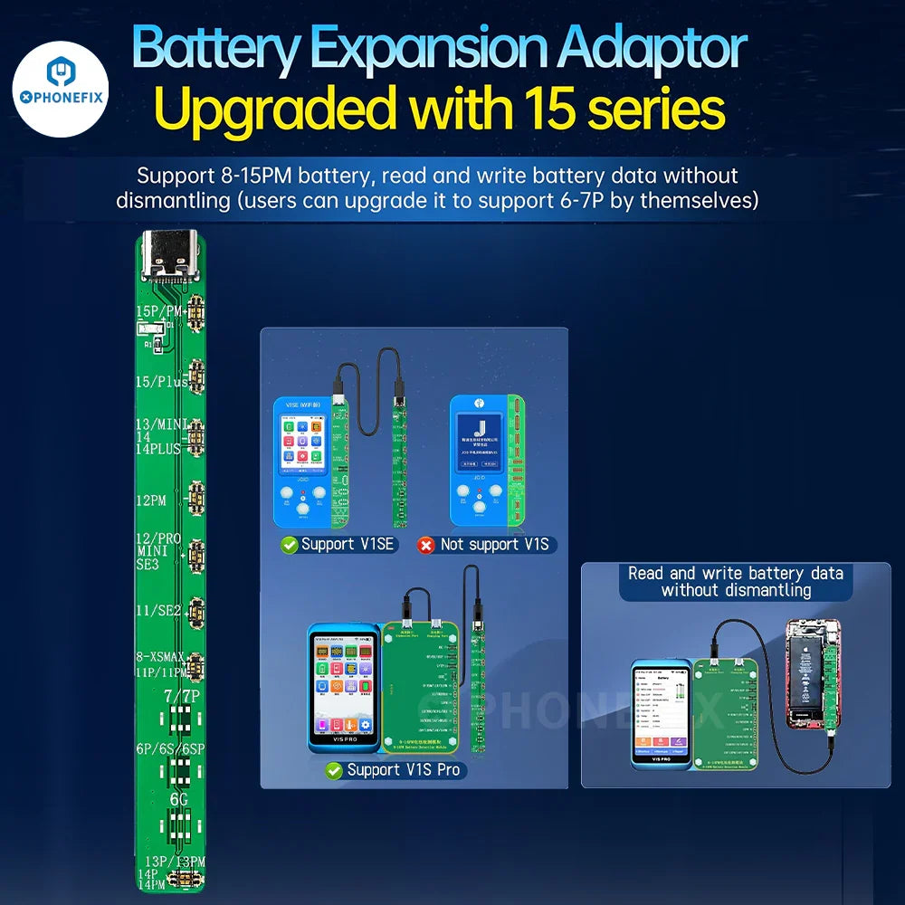 PhoneFix JC Battery Detection Expansion Module for iPhone 6-15 Pro Max, used as a phone programmer for battery diagnostics.
