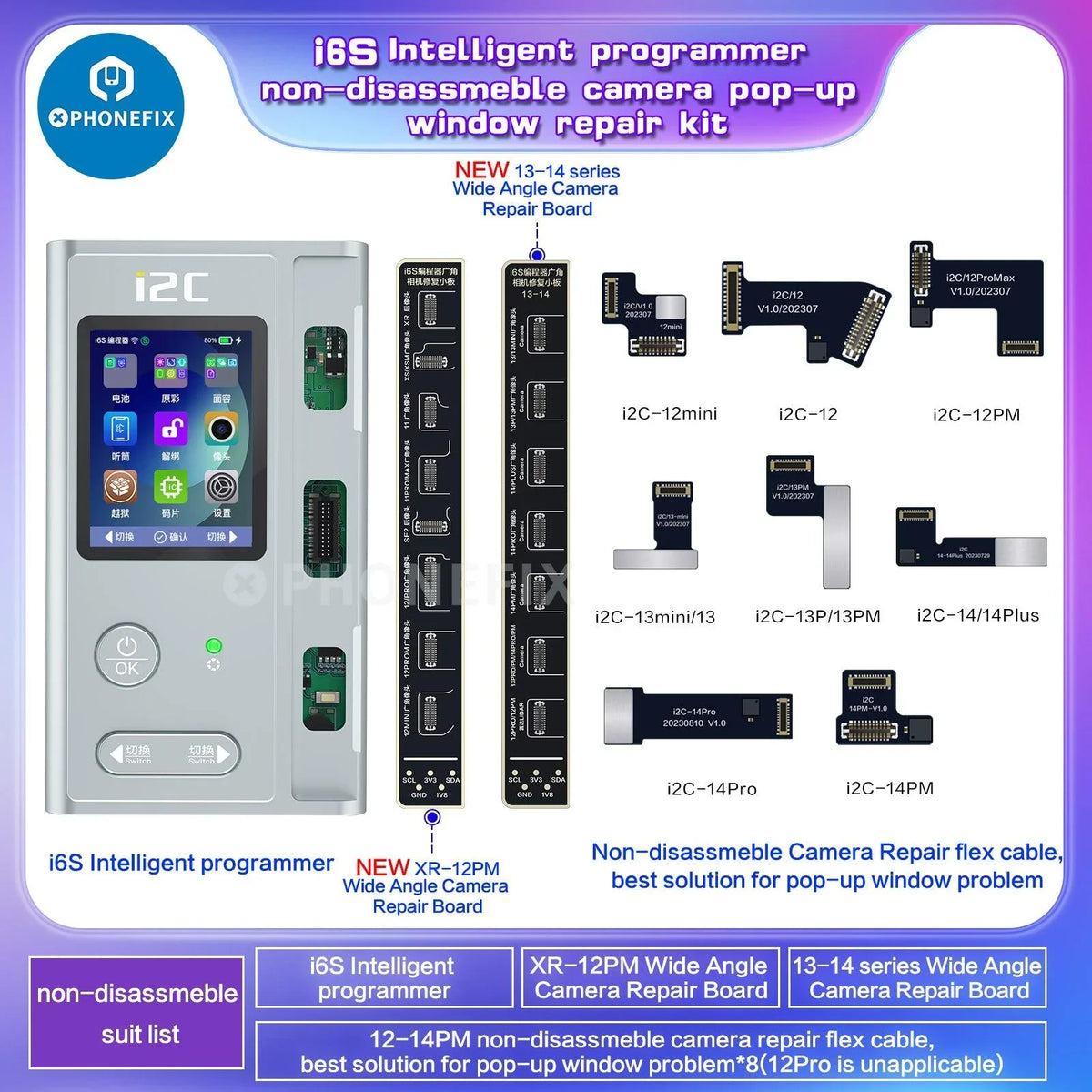 Le programmateur de téléphone PhoneFix i2C i6S A8S pour la réparation des écrans True Tone et Face ID des iPhone, présente l'appareil et ses connecteurs.