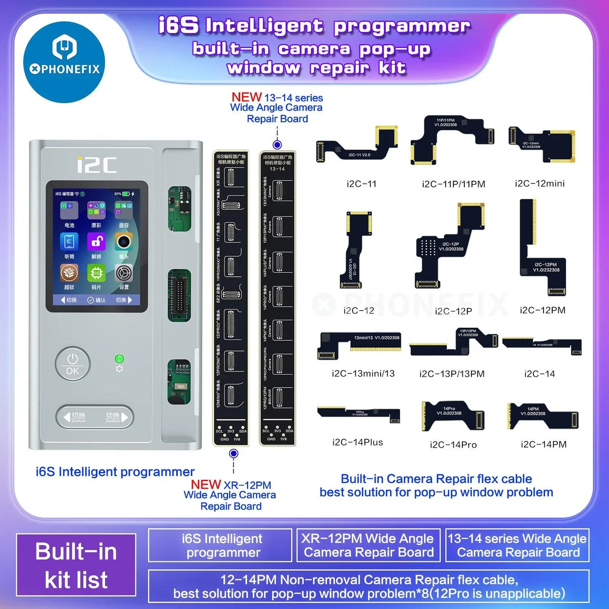 Programmateur de téléphone i2C i6S A8S pour la réparation des écrans True Tone et Face ID des iPhone, compatible avec les modèles d'iPhone, par PHONEFIX.