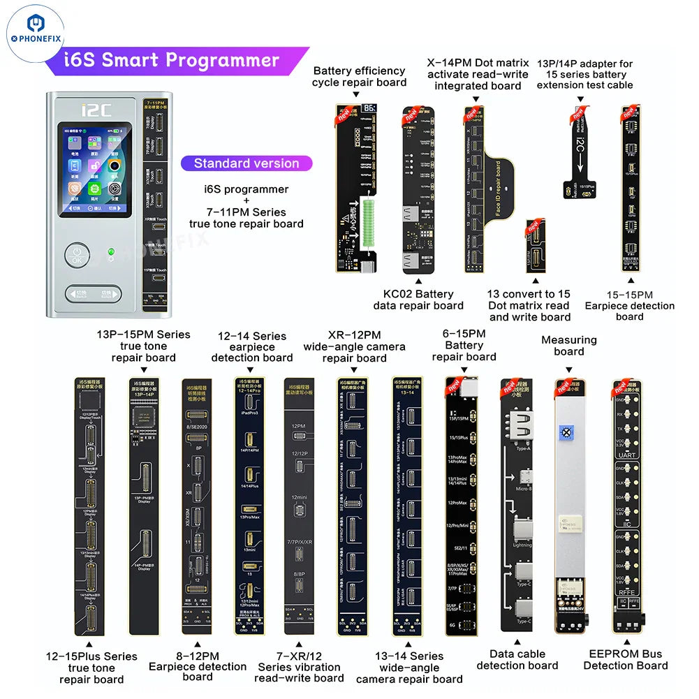 Programmateur de téléphone i2C i6S A8S pour la réparation des écrans True Tone et Face ID de l'iPhone par PHONEFIX, montrant l'interface et les composants de l'appareil.