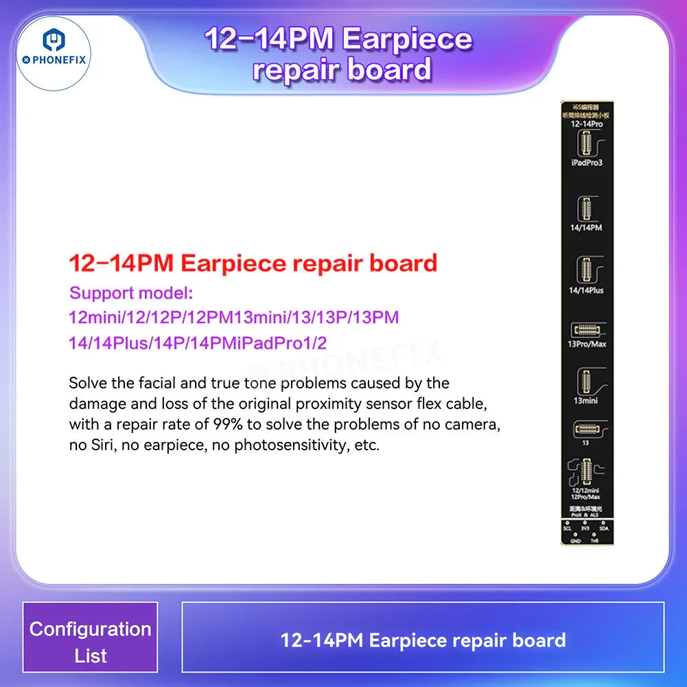 Le programmateur de téléphone PhoneFix i2C i6S A8S pour la réparation des écrans True Tone et Face ID des iPhone, présenté avec les composants de l'appareil.