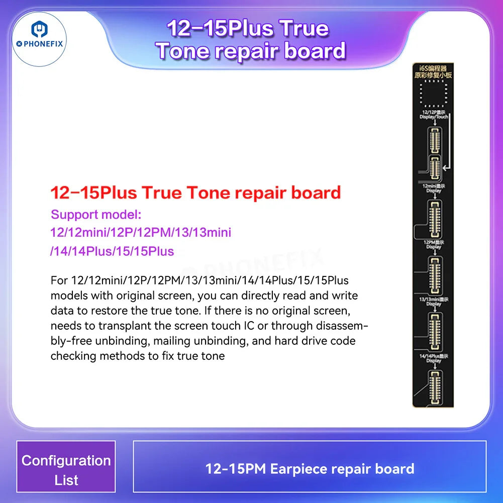 Programmateur de téléphone i2C i6S A8S pour la réparation des écrans True Tone et Face ID de l'iPhone, par PHONEFIX, montrant l'appareil et les connexions.