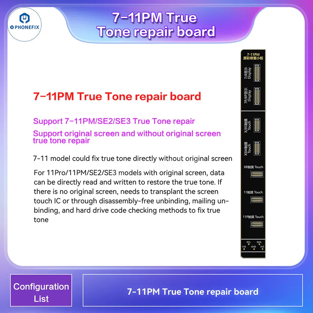 Le programmateur de téléphone i2C i6S A8S de PHONEFIX pour la réparation des écrans True Tone et Face ID des iPhone, présenté avec les outils et les composants électroniques.