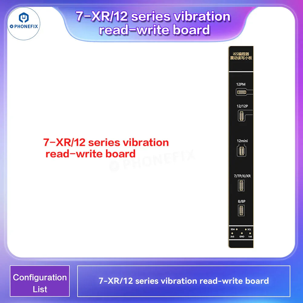 Programmateur de téléphone i2C i6S A8S de PHONEFIX pour la réparation des écrans True Tone et Face ID des iPhone, comprenant des connecteurs et des circuits pour l'appareil.