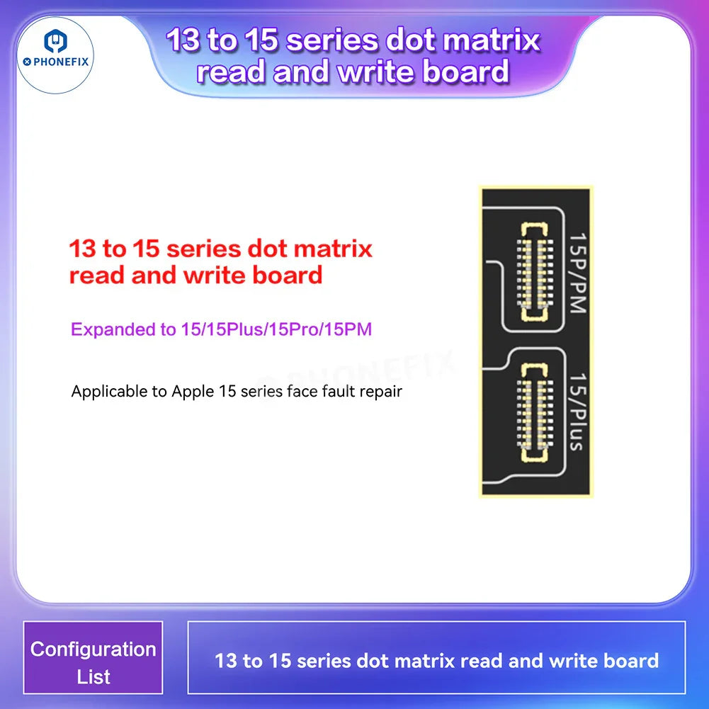 Programmateur de téléphone i2C i6S A8S de PHONEFIX pour la réparation des écrans True Tone et Face ID des iPhone, présenté avec les composants de l'appareil.