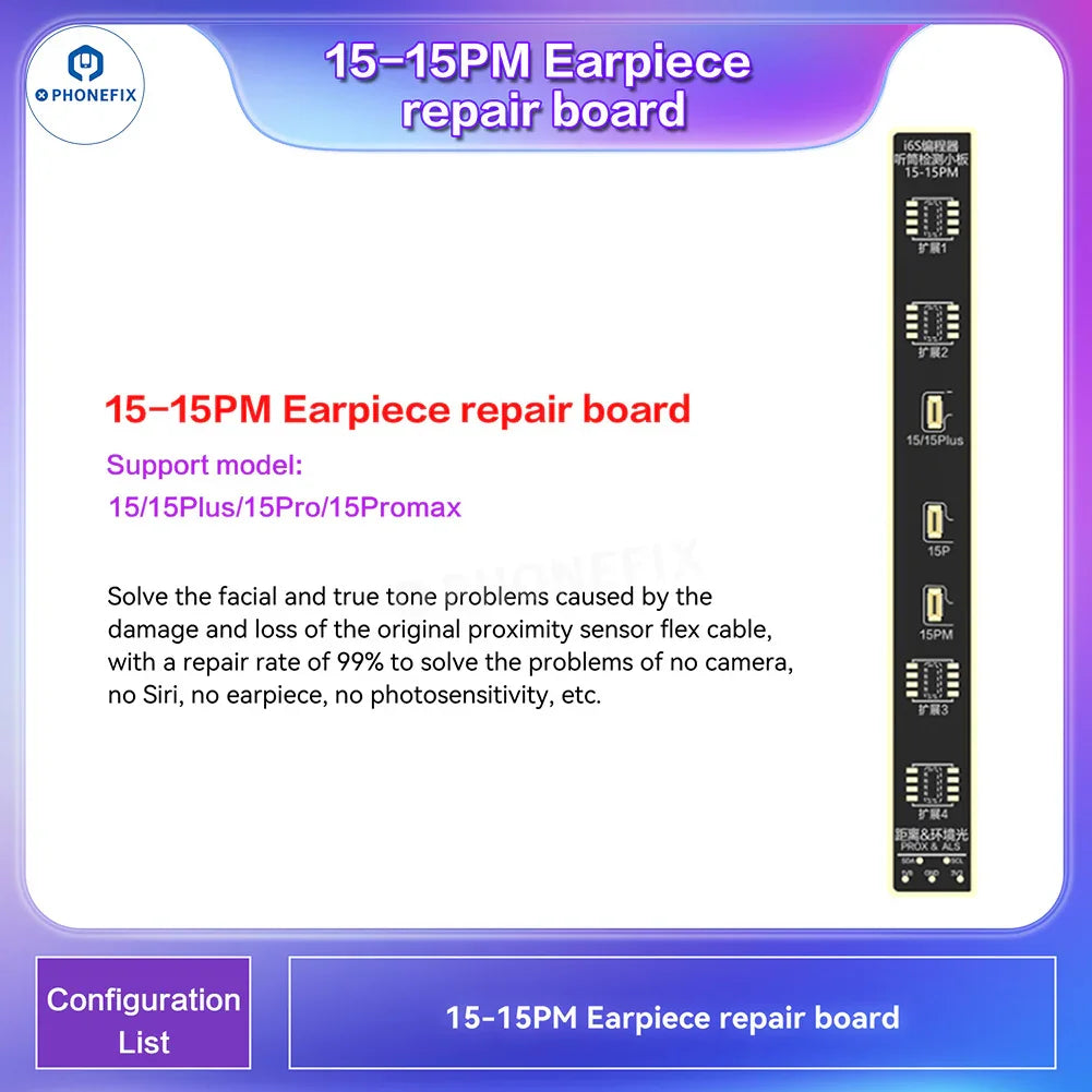 Le programmateur de téléphone i2C i6S A8S de PHONEFIX permet la réparation des écrans True Tone et Face ID des iPhone, en présentant l'appareil et ses composants.