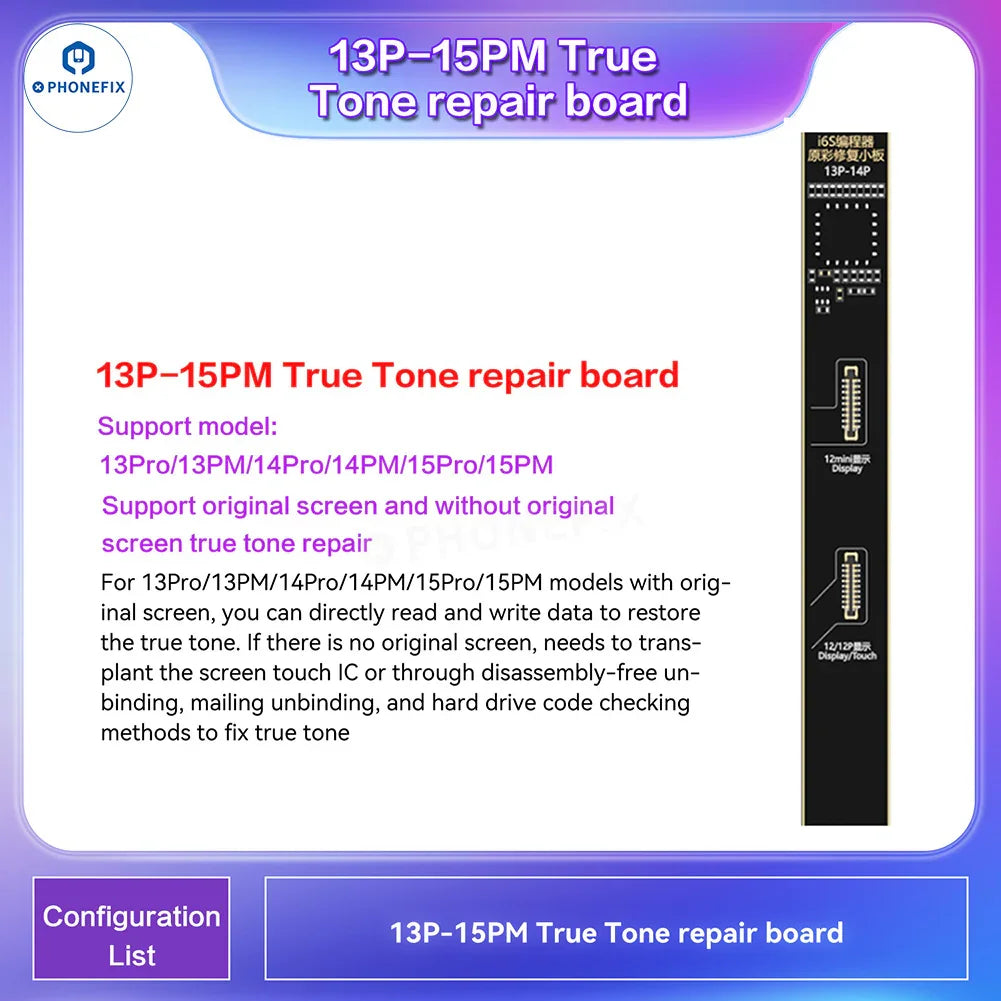 Programmateur de téléphone i2C i6S A8S pour la réparation des écrans True Tone et Face ID de l'iPhone par PHONEFIX, comprenant une interface et des ports de connexion.