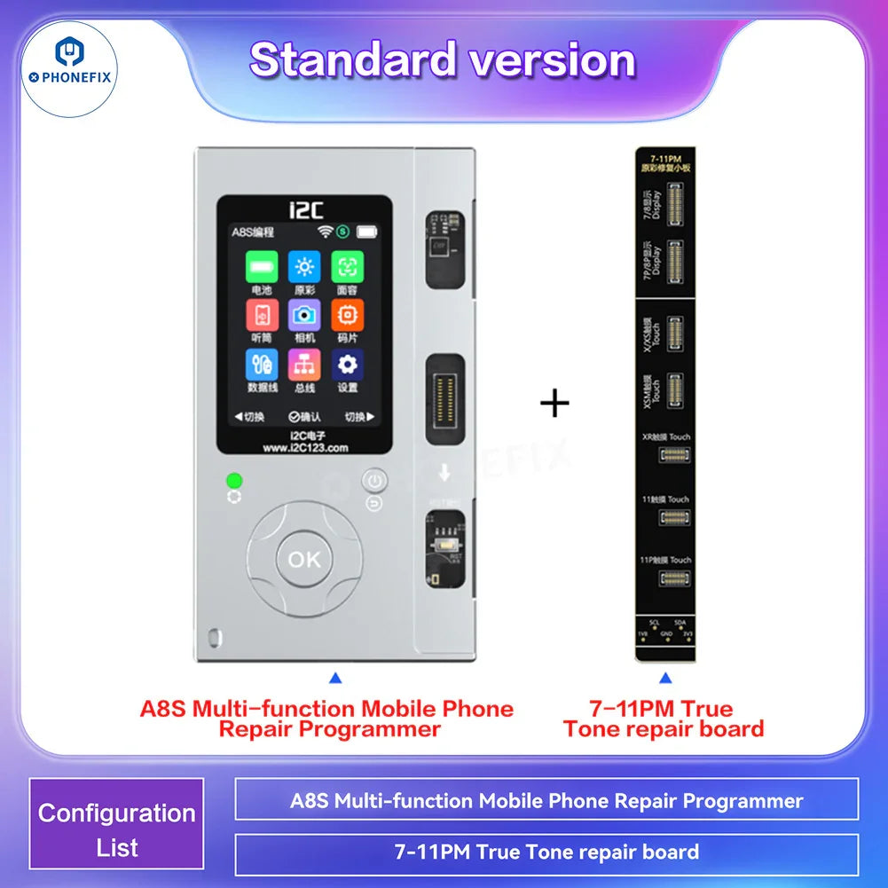 Programmateur de téléphone i2C i6S A8S de PHONEFIX pour la réparation des écrans True Tone et Face ID des iPhone, présenté avec les composants de l'appareil.