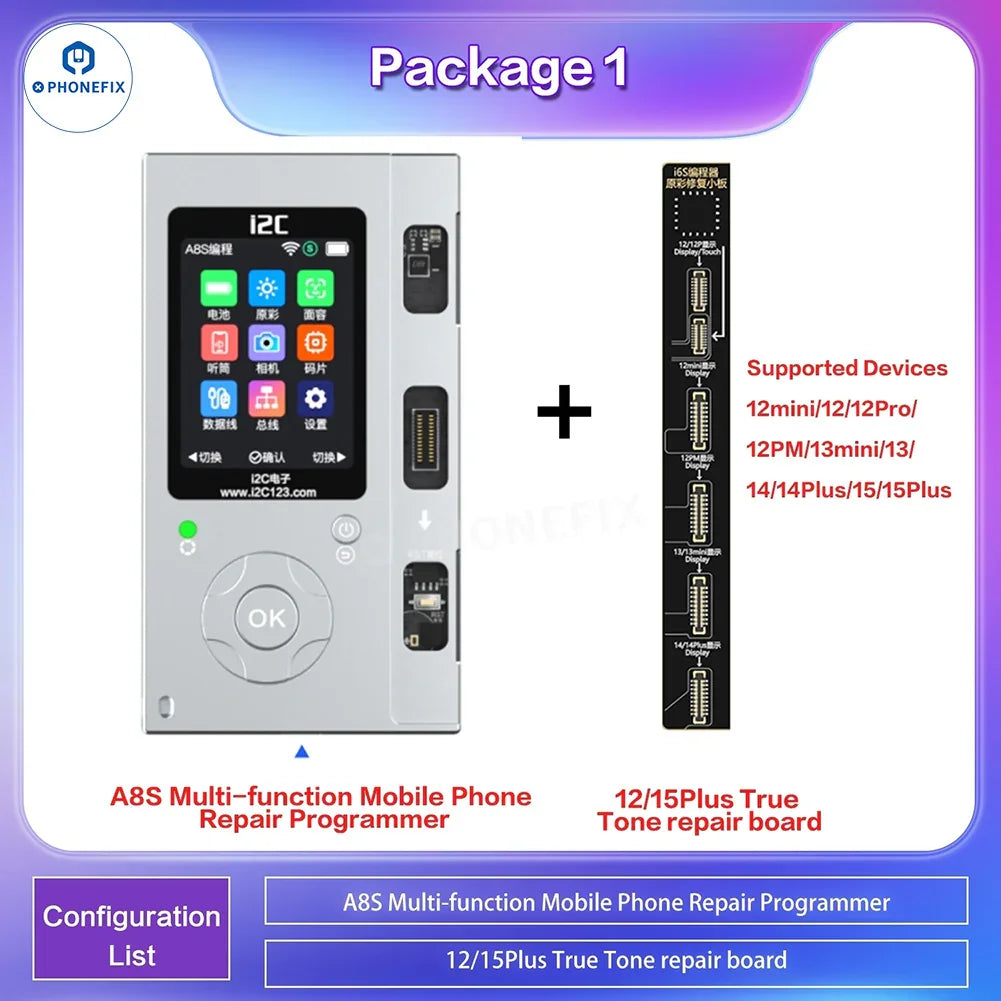 Le programmateur PhoneFix i2C i6S A8S pour la réparation des écrans True Tone et Face ID des iPhone, présente l'appareil et l'outil de programmation.