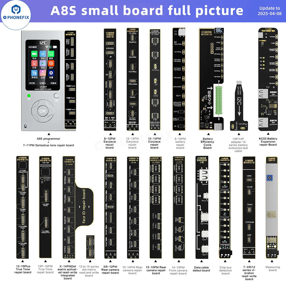 PHONEFIX i2C i6S A8S programmer for iPhone screen true tone and Face ID repair, showing the device connected to the programmer on a workbench.